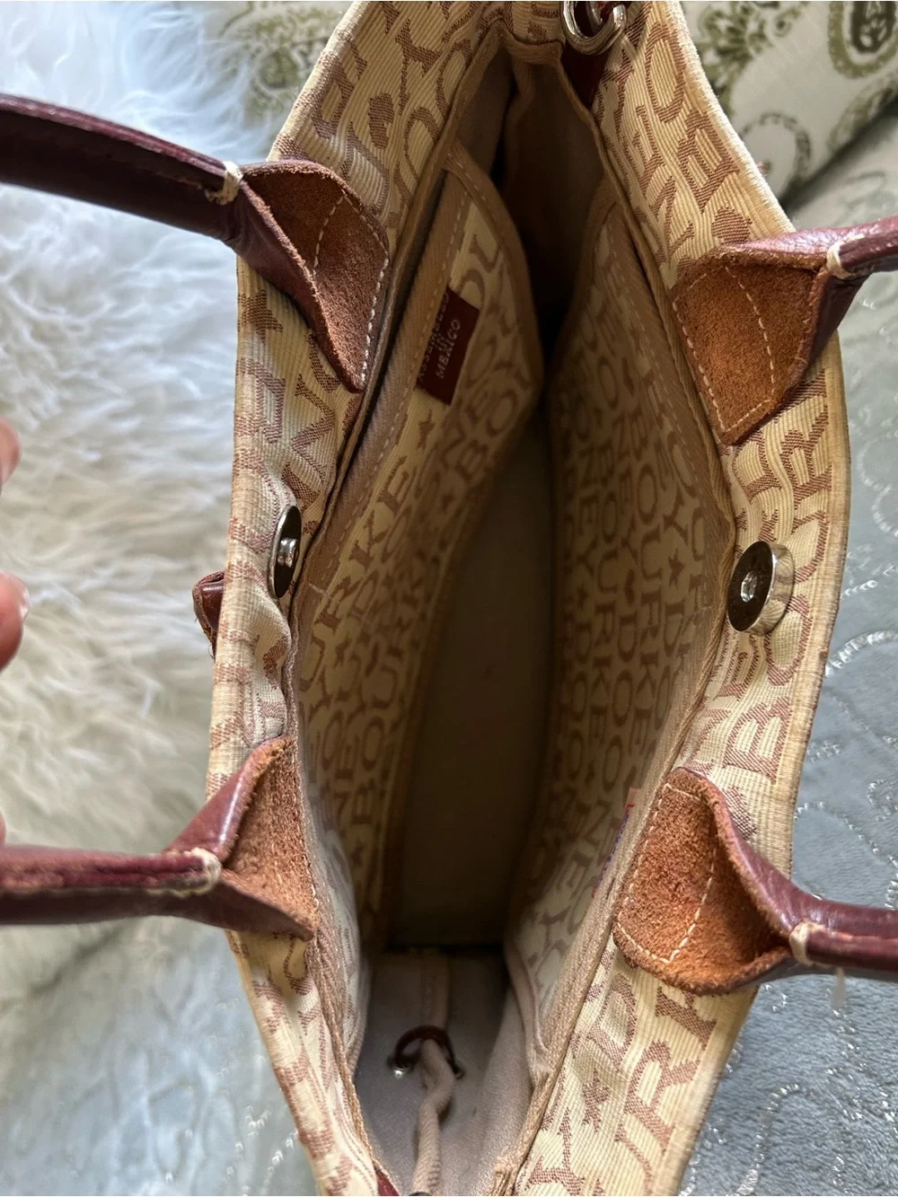 NEW  & Bourke Small Tassle Tan and Brown Logo Jacquard Tote with Leather Trim